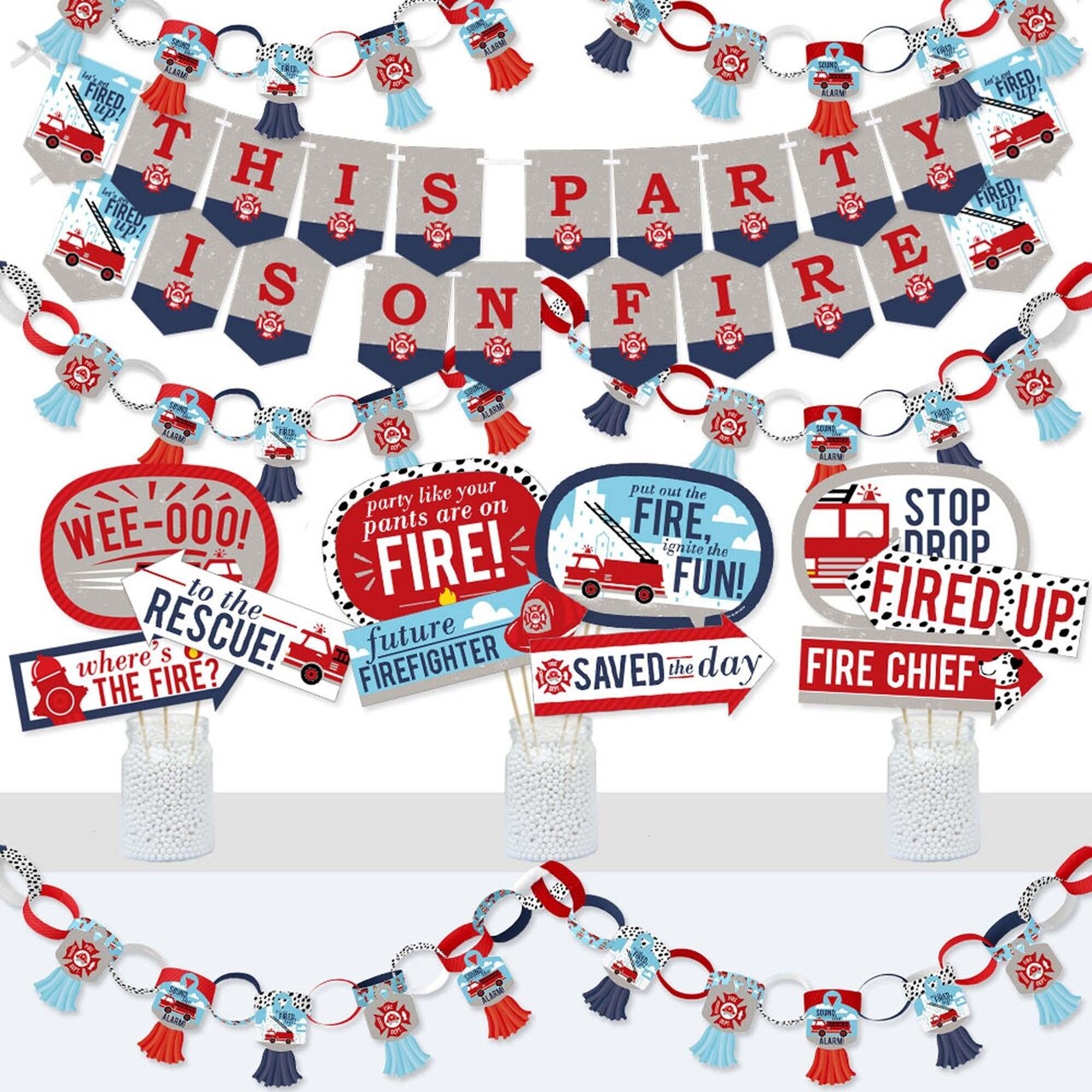 Big Dot of Happiness Fired Up Fire Truck - Banner and Photo Booth Decor - Firefighter Baby Shower or Birthday Party Supplies Kit - Doterrific Bundle